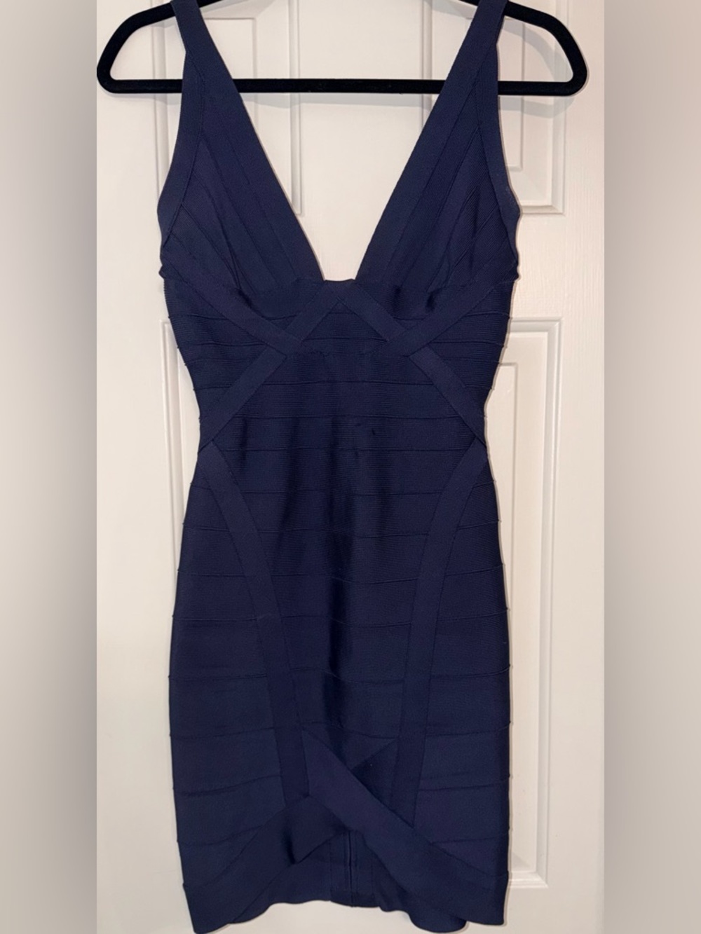 Hervé Léger Navy Bandage Bodycon Dress – Deep V Neck Structured